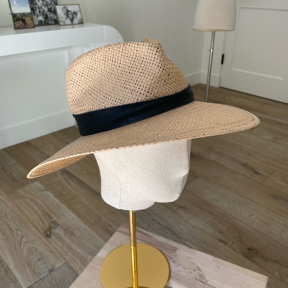 Janessa Leone Tan Wide-Brim Straw Hat with Black Band